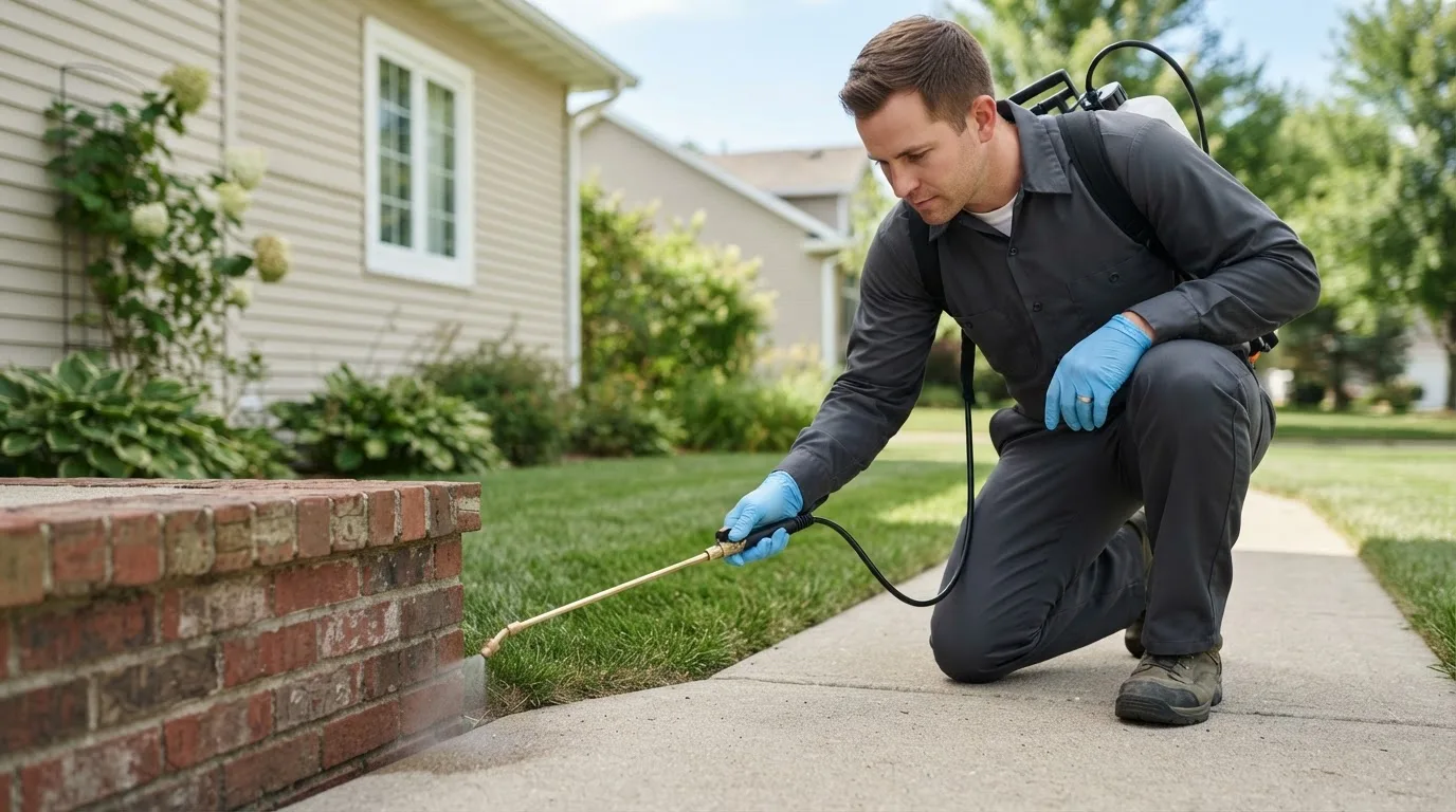 Pest control technician treating a home near Ambia, IN